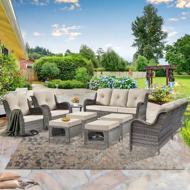 9 Piece Patio Furniture Set with Swivel Rocker Chair and Outdoor Sofa