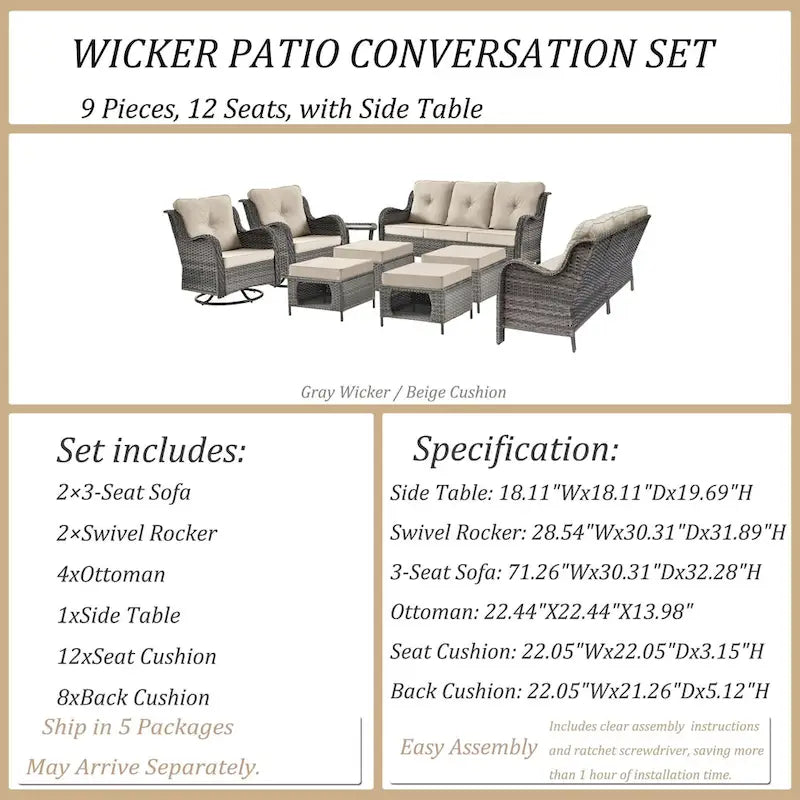 9 Piece Patio Furniture Set with Swivel Rocker Chair and Outdoor Sofa