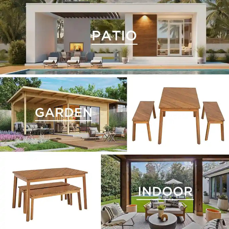 3 Pieces Patio Dining Set, Outdoor Acacia Table and 2 Benches, Dining Set Picnic Beer Table for 4-6, Picnic Set