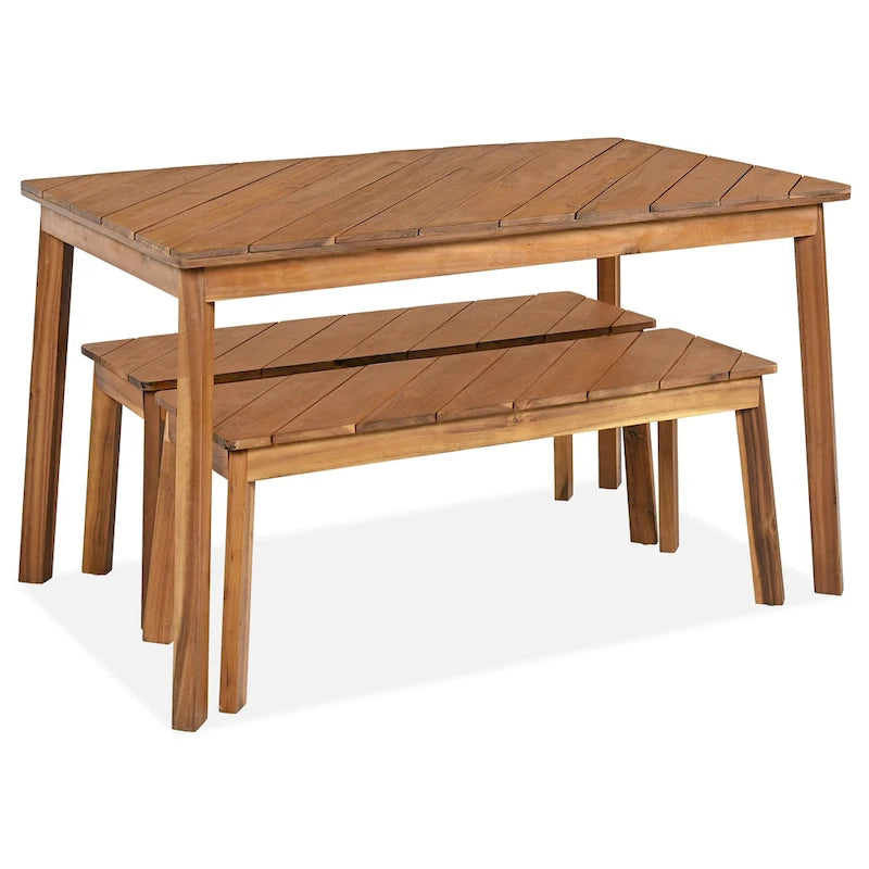 3 Pieces Patio Dining Set, Outdoor Acacia Table and 2 Benches, Dining Set Picnic Beer Table for 4-6, Picnic Set