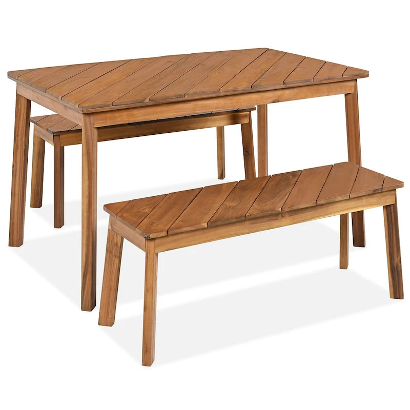 3 Pieces Patio Dining Set, Outdoor Acacia Table and 2 Benches, Dining Set Picnic Beer Table for 4-6, Picnic Set