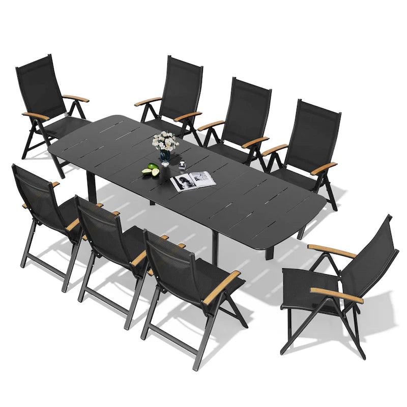 9PC Outdoor Aluminum Expandable Patio Dining Table Extension Table with Floding Chair