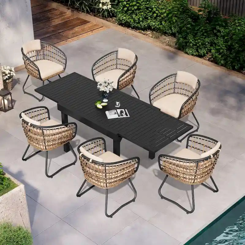 7PC Outdoor Set Aluminum Expandable Patio Dining Table with Rattan Chair