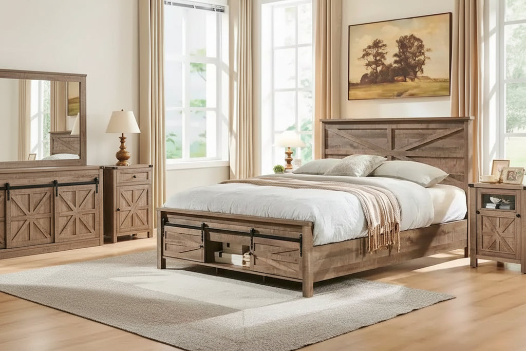 Farmhouse Full size Wood Bed Frame with Sliding Barn Door storage