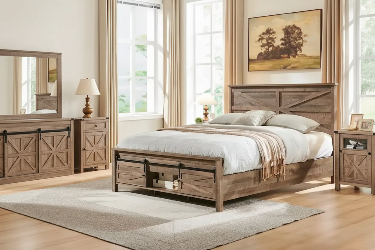 Farmhouse Full size Wood Bed Frame with Sliding Barn Door storage