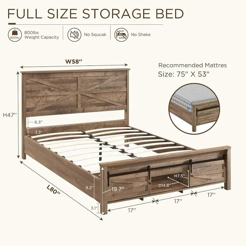 Full Size Farmhouse Wood Bed Frame with Sliding Barn Door Storage - Warm Brown