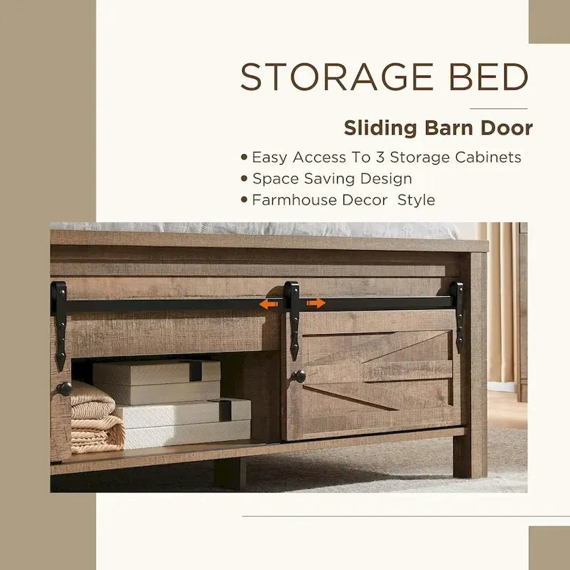 Full Size Farmhouse Wood Bed Frame with Sliding Barn Door Storage - Warm Brown