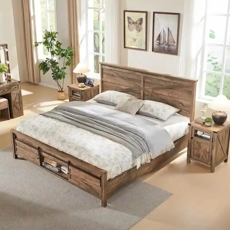 Full Size Farmhouse Wood Bed Frame with Sliding Barn Door Storage - Warm Brown