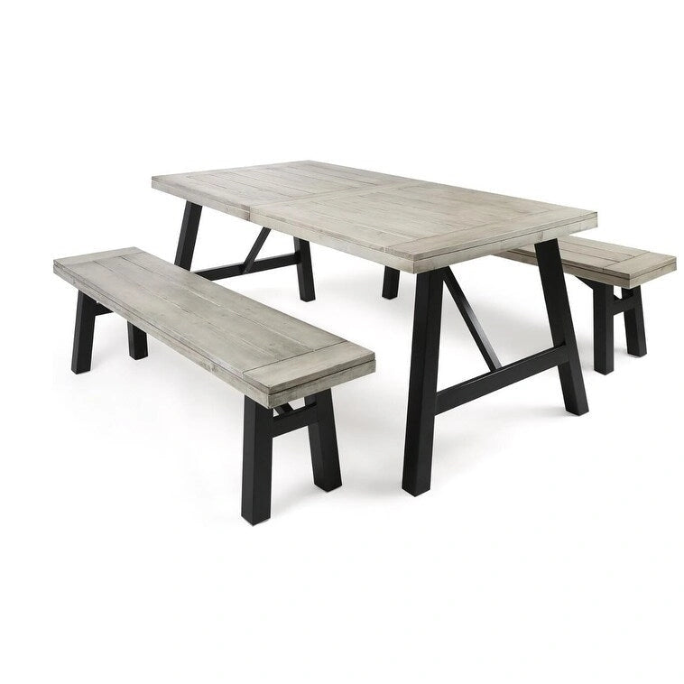 3-Piece Outdoor Patio Picnic Dining Set with 2 Benches, Acacia Wood and Metal Frame