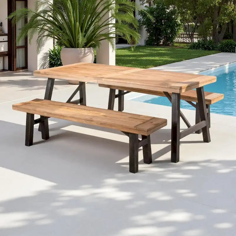 3-Piece Outdoor Patio Picnic Dining Set with 2 Benches, Acacia Wood and Metal Frame