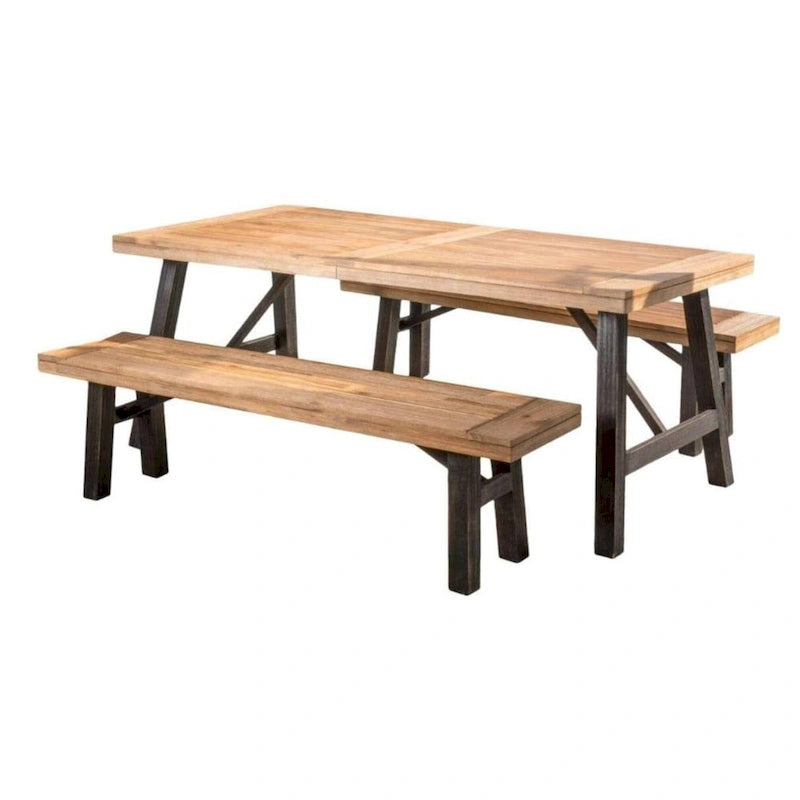 3-Piece Outdoor Patio Picnic Dining Set with 2 Benches, Acacia Wood and Metal Frame