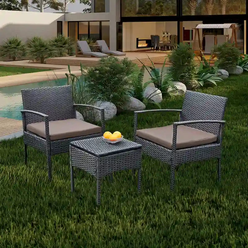 3 PCS Outdoor Patio Bistro, Rattan Conversation Chairs Set, Balcony Furniture Set - 28 H x 23.3 W x 23.3 D