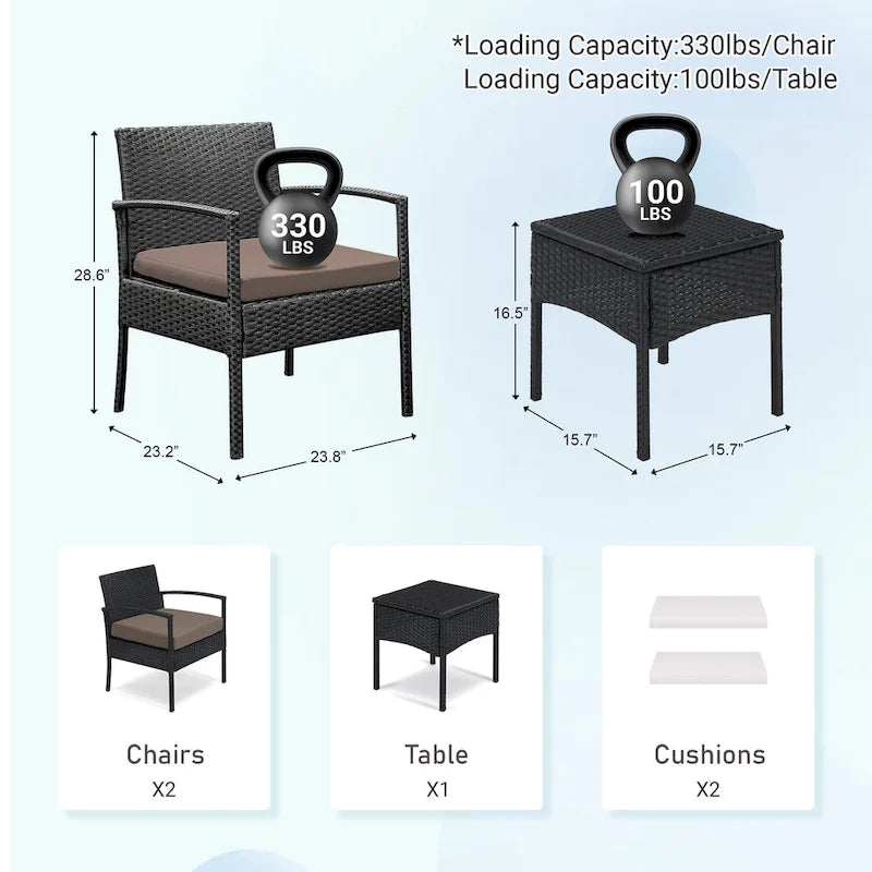 3 PCS Outdoor Patio Bistro, Rattan Conversation Chairs Set, Balcony Furniture Set - 28 H x 23.3 W x 23.3 D