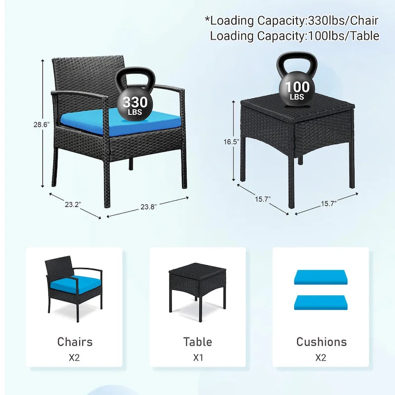 3 PCS Outdoor Patio Bistro, Rattan Conversation Chairs Set, Balcony Furniture Set - 28 H x 23.3 W x 23.3 D