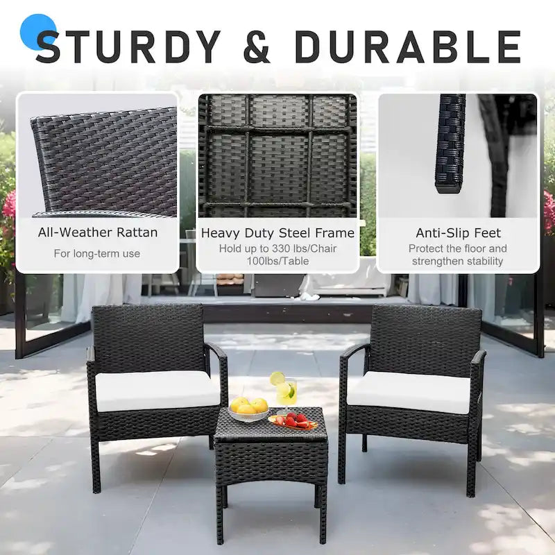3 PCS Outdoor Patio Bistro, Rattan Conversation Chairs Set, Balcony Furniture Set - 28 H x 23.3 W x 23.3 D