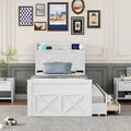 Wooden Platform Bed with Storage Headboard, 3 Drawers and Trundle - White and Gray for Twin/Full