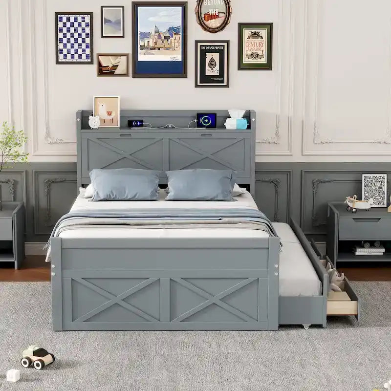 Wooden Platform Bed with Storage Headboard, 3 Drawers and Trundle - White and Gray for Twin/Full