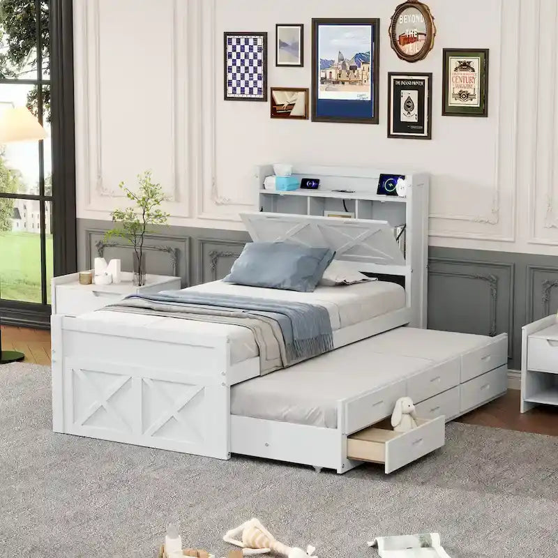 Wooden Platform Bed with Storage Headboard, 3 Drawers and Trundle - White and Gray for Twin/Full