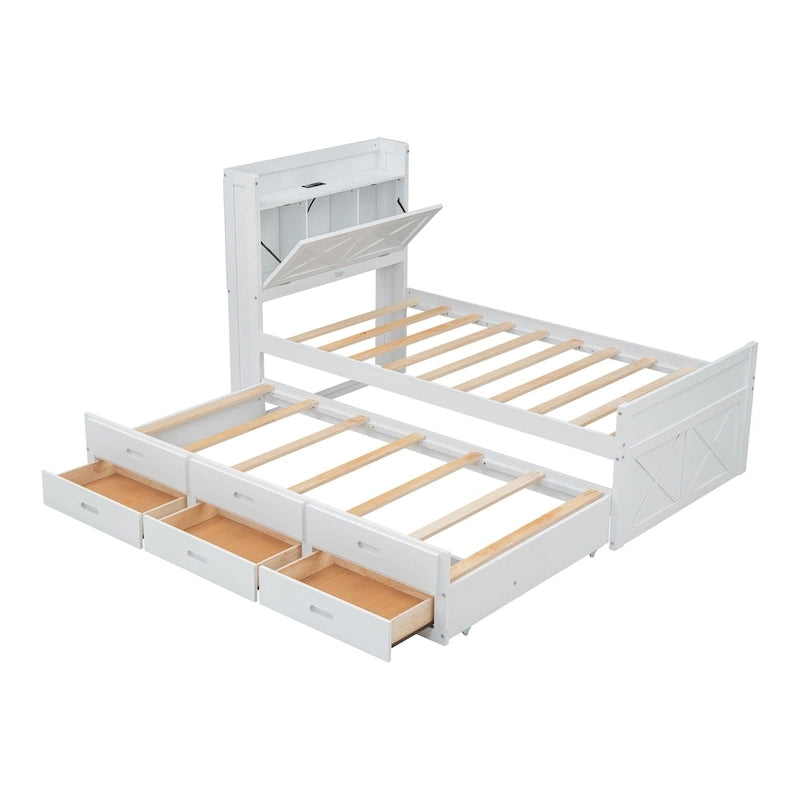 Wooden Platform Bed with Storage Headboard, 3 Drawers and Trundle - White and Gray for Twin/Full