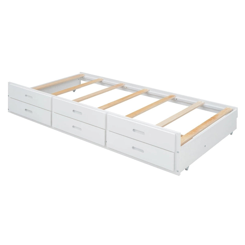 Wooden Platform Bed with Storage Headboard, 3 Drawers and Trundle - White and Gray for Twin/Full
