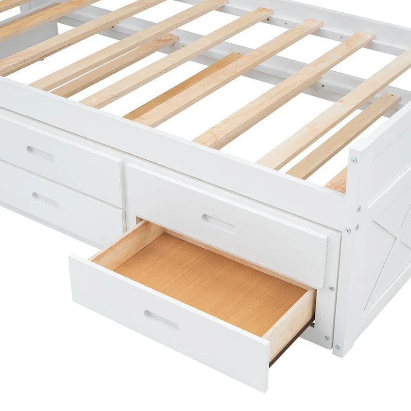 Wooden Platform Bed with Storage Headboard, 3 Drawers and Trundle - White and Gray for Twin/Full