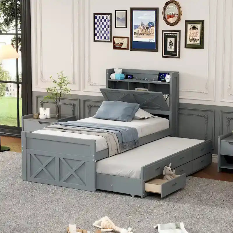 Wooden Platform Bed with Storage Headboard, 3 Drawers and Trundle - White and Gray for Twin/Full