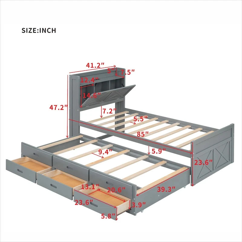 Wooden Platform Bed with Storage Headboard, 3 Drawers and Trundle - White and Gray for Twin/Full