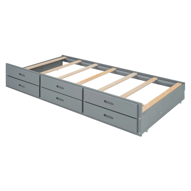 Wooden Platform Bed with Storage Headboard, 3 Drawers and Trundle - White and Gray for Twin/Full
