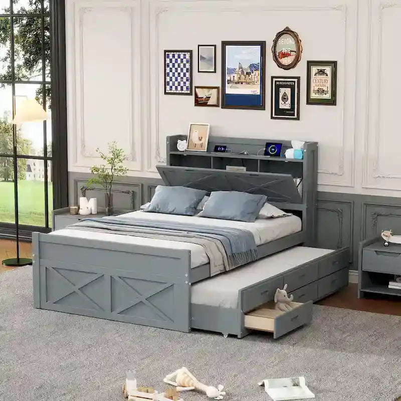 Wooden Platform Bed with Storage Headboard, 3 Drawers and Trundle - White and Gray for Twin/Full