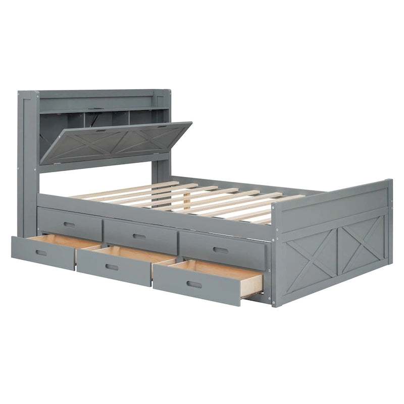 Wooden Platform Bed with Storage Headboard, 3 Drawers and Trundle - White and Gray for Twin/Full