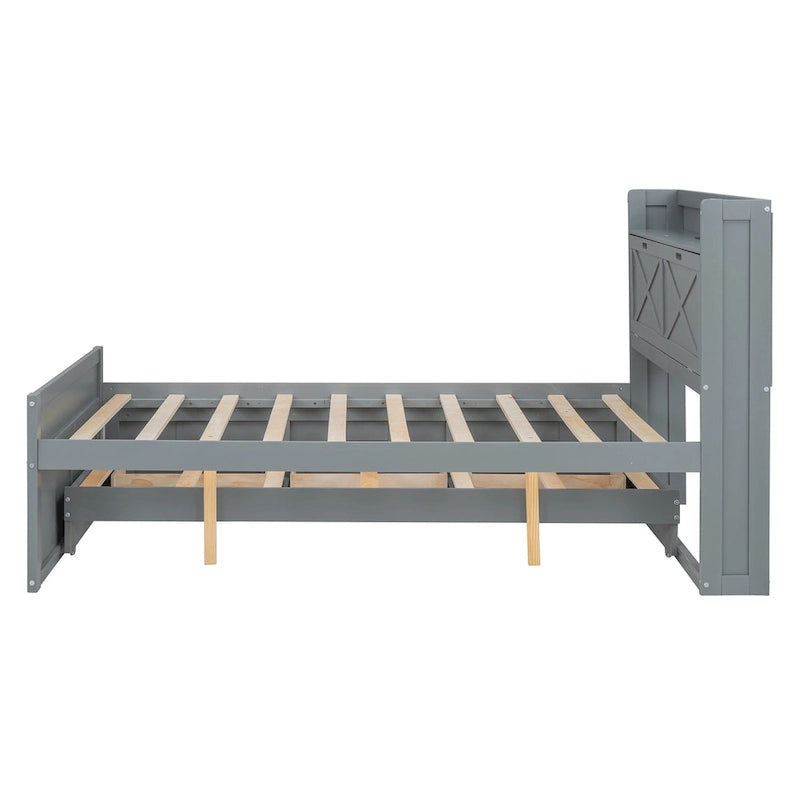 Wooden Platform Bed with Storage Headboard, 3 Drawers and Trundle - White and Gray for Twin/Full