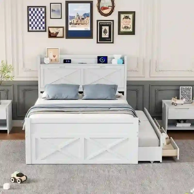 Wooden Platform Bed with Storage Headboard, 3 Drawers and Trundle - White and Gray for Twin/Full