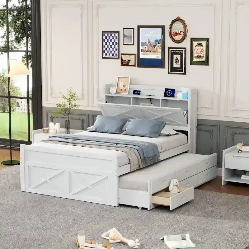Wooden Platform Bed with Storage Headboard, 3 Drawers and Trundle - White and Gray for Twin/Full