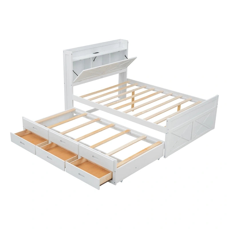 Wooden Platform Bed with Storage Headboard, 3 Drawers and Trundle - White and Gray for Twin/Full