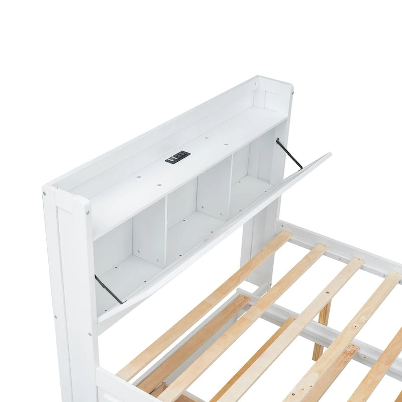 Wooden Platform Bed with Storage Headboard, 3 Drawers and Trundle - White and Gray for Twin/Full