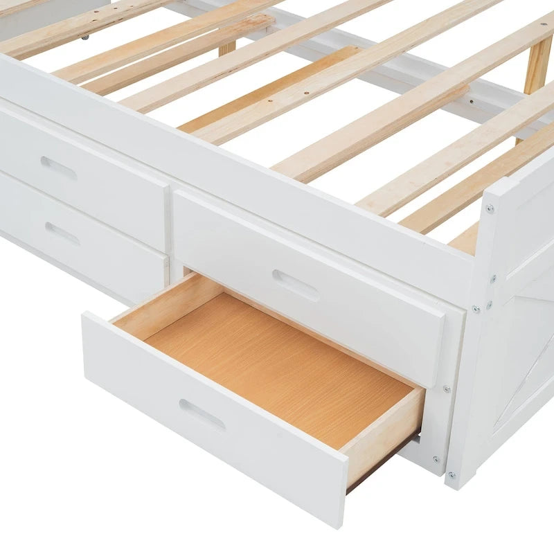 Wooden Platform Bed with Storage Headboard, 3 Drawers and Trundle - White and Gray for Twin/Full