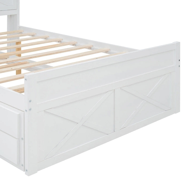 Wooden Platform Bed with Storage Headboard, 3 Drawers and Trundle - White and Gray for Twin/Full