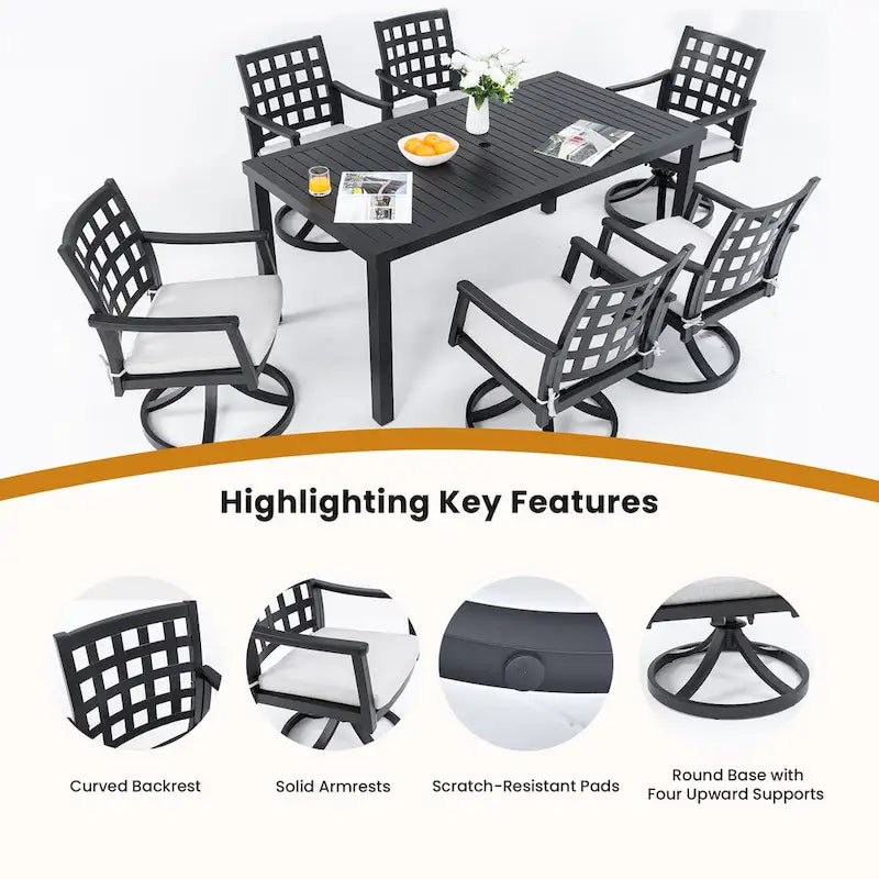 7-Piece Outdoor Patio Aluminum Dining Set with 67  Rectangular Table, 6 Swivel Rocker Chairs, and Umbrella Hole