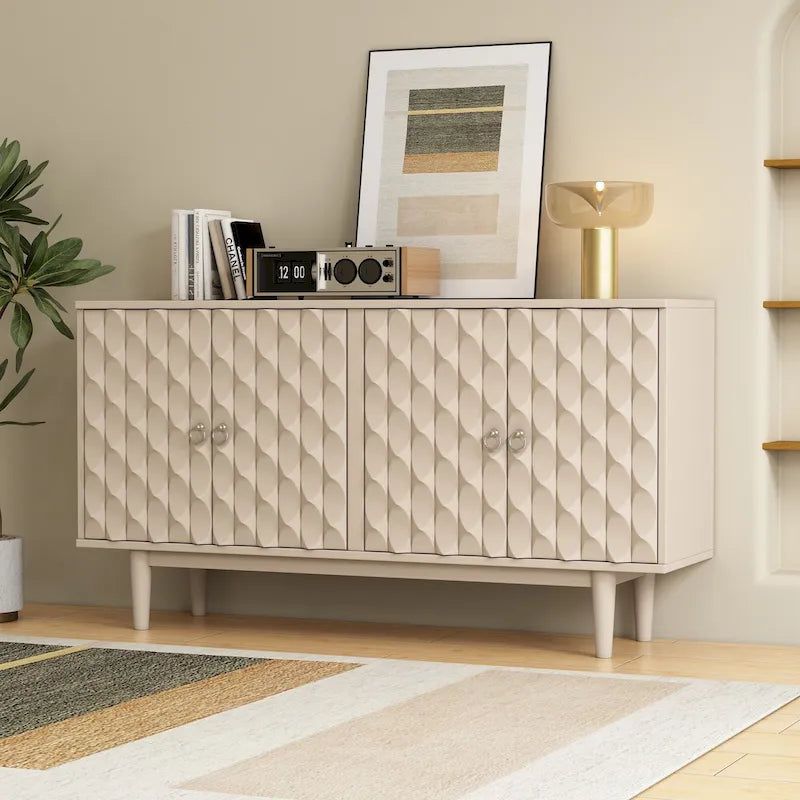 4-Door Sideboard with Convex Pattern Doors and Silver Handles