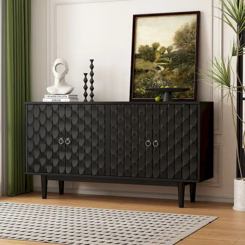 4-Door Sideboard with Convex Pattern Doors and Silver Handles