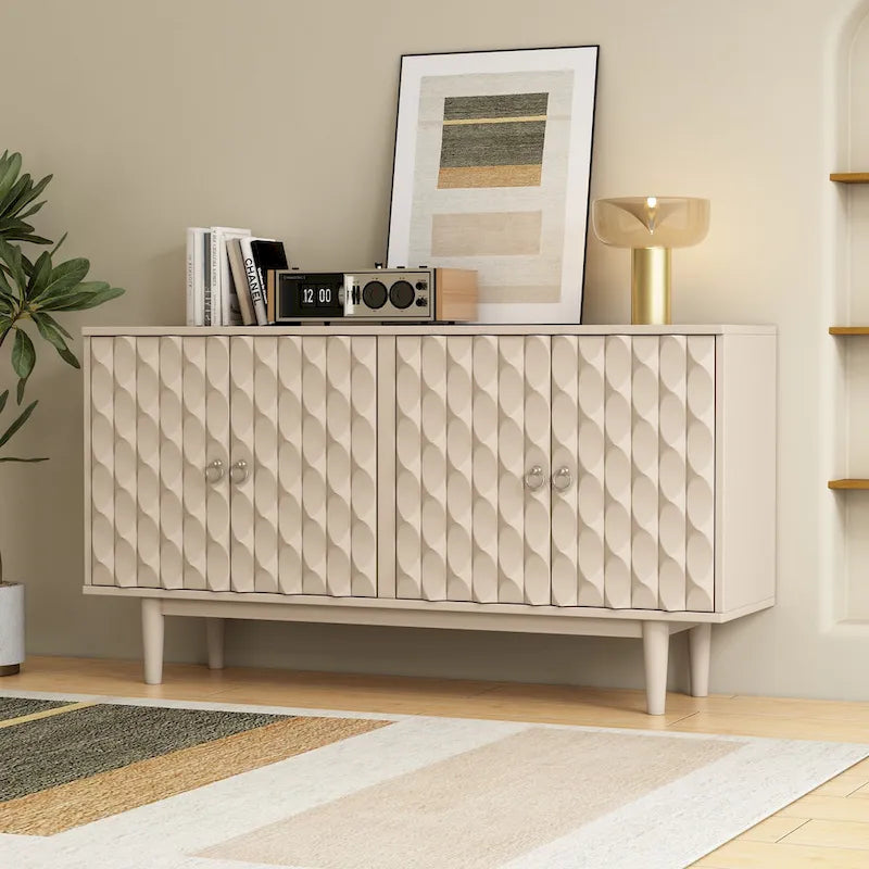 4-Door Sideboard with Convex Pattern Doors and Silver Handles