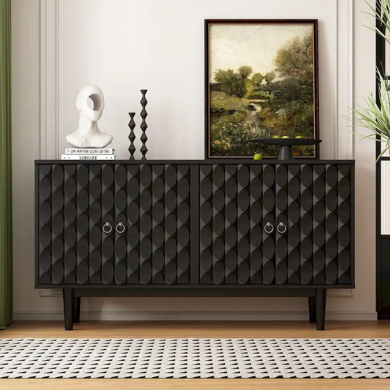 4-Door Sideboard with Convex Pattern Doors and Silver Handles