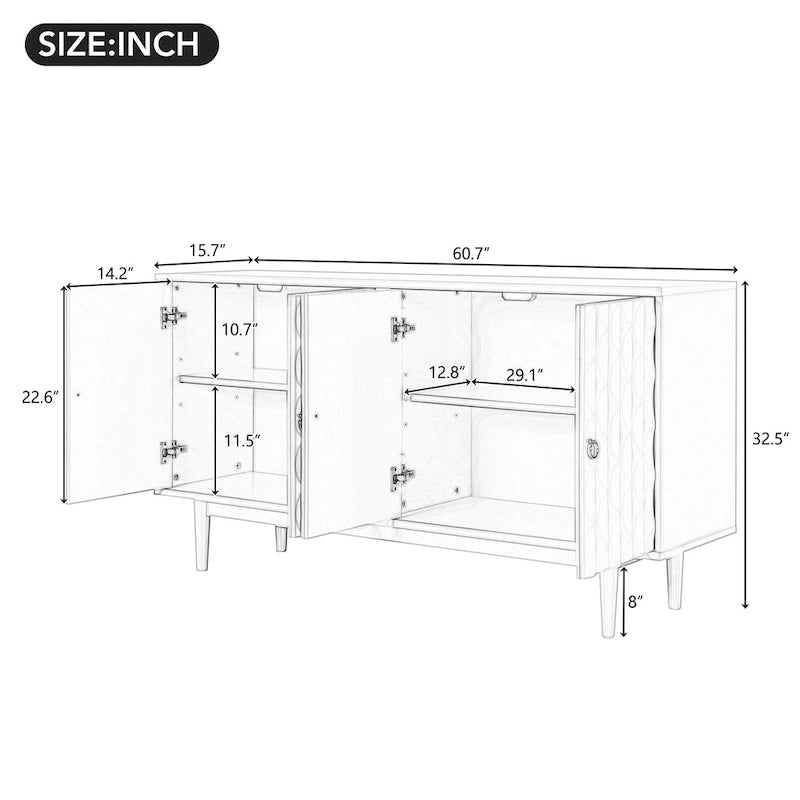 4-Door Sideboard with Convex Pattern Doors and Silver Handles