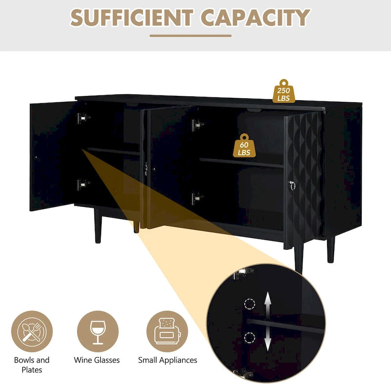 4-Door Sideboard with Convex Pattern Doors and Silver Handles