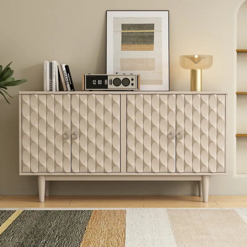 4-Door Sideboard with Convex Pattern Doors and Silver Handles