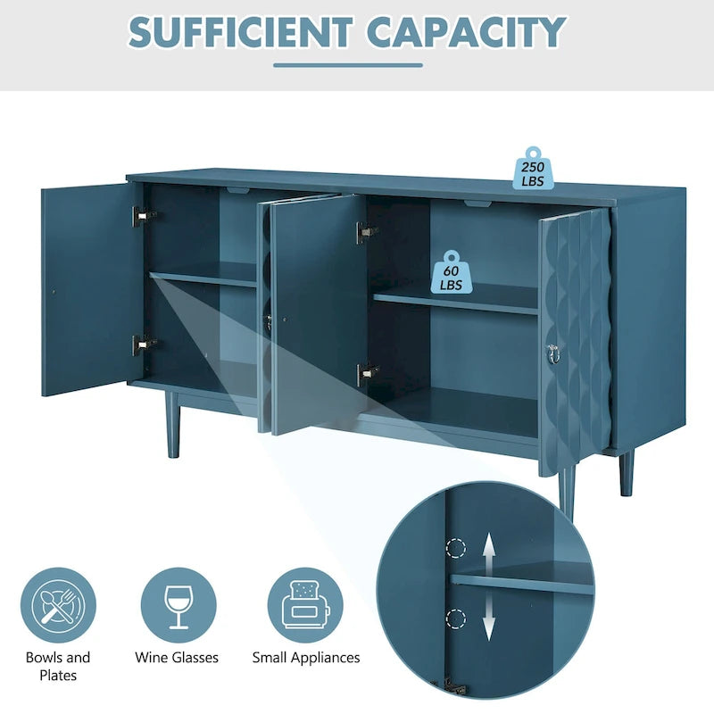 4-Door Sideboard with Convex Pattern Doors and Silver Handles