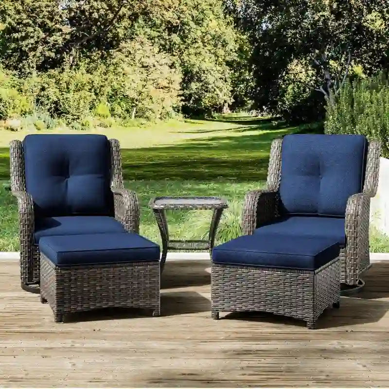 5-Piece Wicker Patio Set  Includes 2 Swivel Rocking Chairs, 2 Ottomans & 1 Side Table  Rattan Outdoor Sectional For Porch.