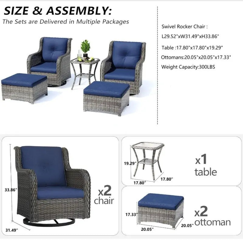 5-Piece Wicker Patio Set  Includes 2 Swivel Rocking Chairs, 2 Ottomans & 1 Side Table  Rattan Outdoor Sectional For Porch.