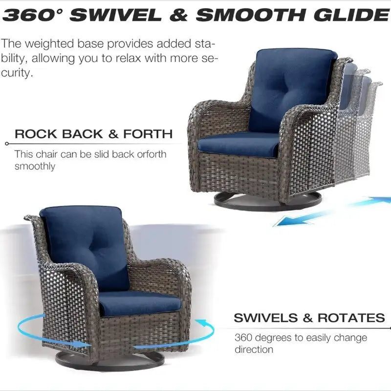 5-Piece Wicker Patio Set  Includes 2 Swivel Rocking Chairs, 2 Ottomans & 1 Side Table  Rattan Outdoor Sectional For Porch.