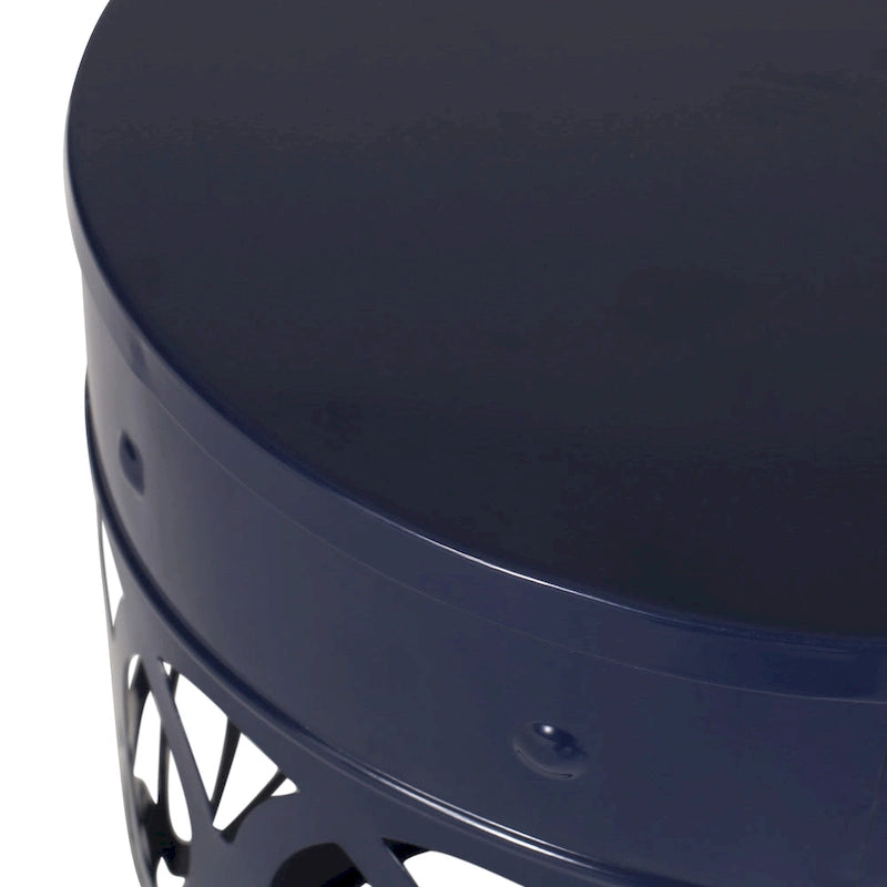 Kemo Outdoor End Table, Round 14 Inch, Cutout Design, Navy Blue Iron